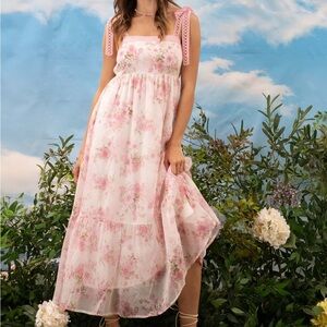 By The River Romantic Tales Floral Lace Crochet Maxi Dress Pink size Medium NWT